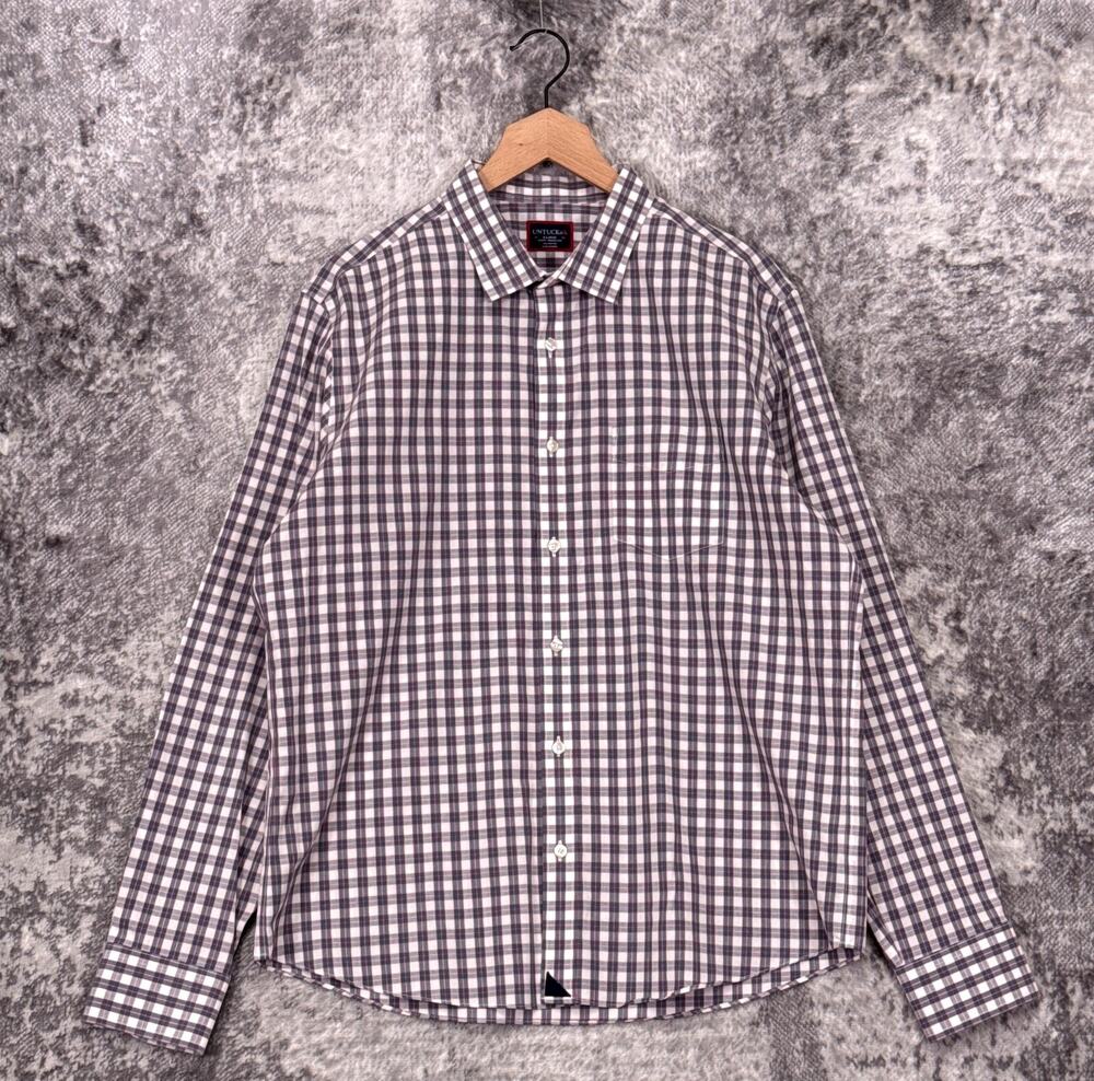 Untuckit Shirt XL Mens Slim Fit Wrinkle Free Gray & Orange Plaid Long Sleeve